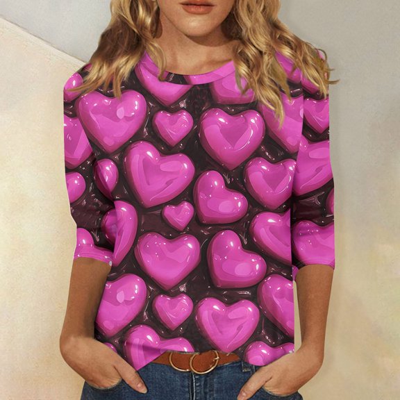 QHRMKOG Valentine's Day T-Shirts for Women Cute Heart Graphic Blouse Relaxed Fit 3/4 Length Sleeve Round Neck Tshirt Fashion Holiday Tops Pink 5XL