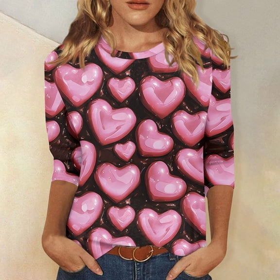 QHRMKOG Valentine's Day T-Shirts for Women Cute Heart Print Shirt Loose Fit 3/4 Length Sleeve Round Neck Tshirts Trendy Festival Tops Pink S