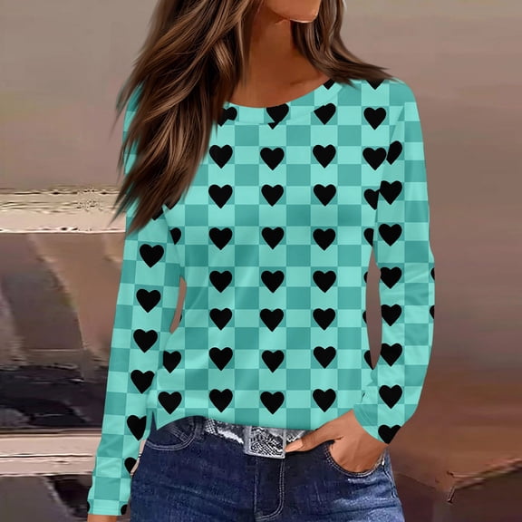 QHRMKOG Valentine's Day Women's T-Shirts Romantic Print Love Heart Shirts Loose Fit Long Sleeve Round Neck Tshirts Fashion Holiday Tops Blue L