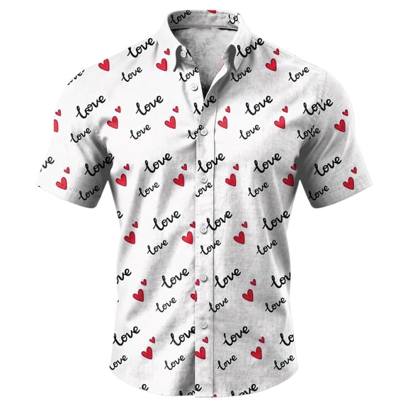 QHRMKOG Valentines Shirt Men Relaxed Fit Heart Graphic Button Down Shirts Short Sleeve Collared Shirts Casual Tops Gray L