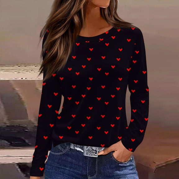 QHRMKOG Valentines Shirts Women Loose Fit Long Sleeve Round Neck Blouse Cute Love Heart Print Shirts Fashion Holiday Top Black XL