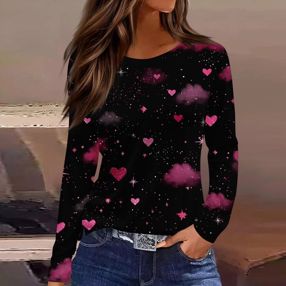 QHRMKOG Valentines Shirts for Women Relaxed Fit Long Sleeve Round Neck Blouse Romantic Love Heart Graphic Shirts Fashion Holiday Top Pink S