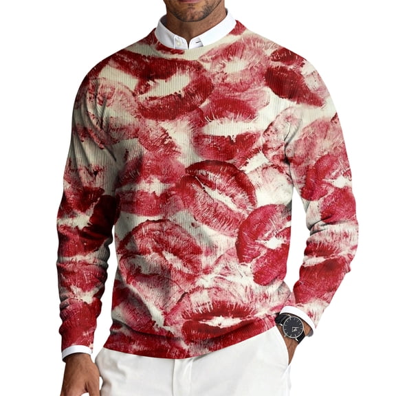 QHRMKOG Valentines Sweater Men Romantic Heart Graphic Pullover Loose Fit Long Sleeve Crew Neck Sweaters Autumn Fashion Top Pink XL