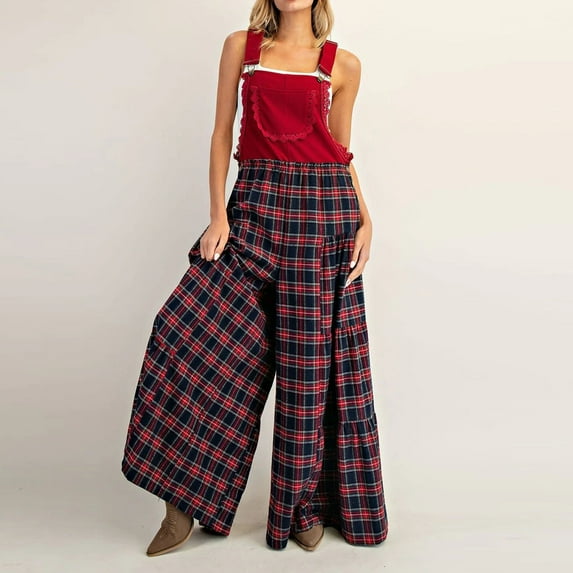 QHRMKOG Wide Leg Jumpsuits for Women British Vintage Ruffled Pocket Overalls Relaxed Fit Sleeveless Plaid Jumpsuit Fall Trendy Trousers Red M