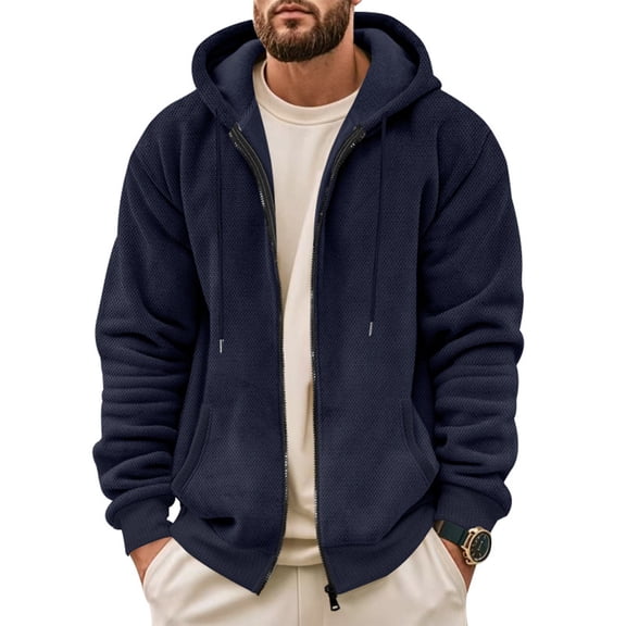 QHRMKOG Winter Jacket for Men Loose Fit Warm Sherpa Hoodie Solid Color Full Zip Drawstring Hooded Sweatshirt Trendy Outwear with Pockets Blue L