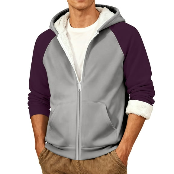 QHRMKOG Winter Jackets for Men Long Sleeve Full Zip Warm Fleece Hoodie Outdoor Color Block Sweatshirt with Pockets Fashion Comfortable Coats Gray 3XL