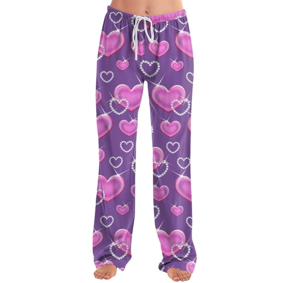 QHRMKOG Women Pajama Pants Relaxed Fit Valentines Love Heart Print Pj Pant Comfort Drawstring Elastic Waist Pajamas Pants Trendy Trousers with Pockets Purple S