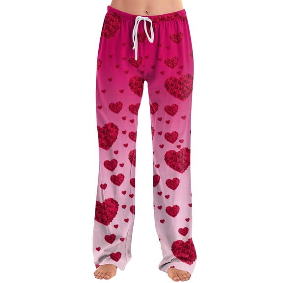 QHRMKOG Women Valentine's Day Pajama Pants Relaxed Fit Love Heart Graphic Pj Pant Comfort Drawstring Elastic Waist Pajamas Pant Casual Pants with Pockets Red L