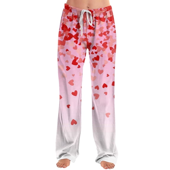 QHRMKOG Women's Valentine's Day Pajama Pants Loose Fit Love Heart Graphic Pj Pant Comfort Drawstring Elastic Waist Pajamas Pant Trendy Trousers with Pockets Pink 2XL
