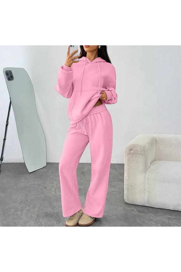 Womens 2 Piece Outfits Loose Fit Long Sleeve Hooed Sweatshirt&sweatpants Sweatsuit Solid Color Outdoor Tracksuits Winter Casual Outfit with Pockets Pink 2XL