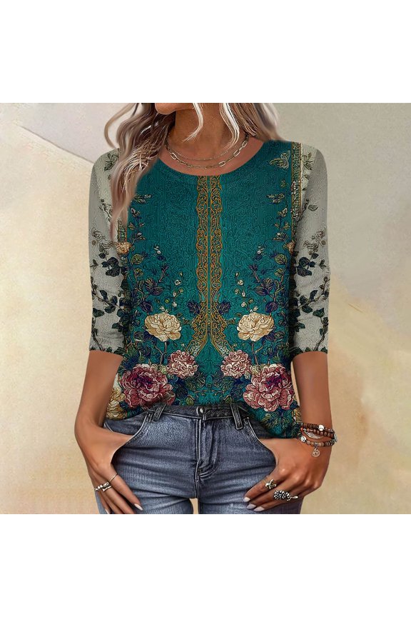 Womens 3/4 Sleeve Tops Loose Fit Floral Element Tshirt 2026 Retro Round Necl Shirts Summer Trendy Tunic Tops Green 2XL