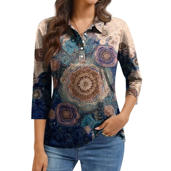 QHRMKOG Womens Golf Shirt Vintage Button Down 3/4 Length Sleeve Polo Shirt Relaxed Fit Bisiness Collared Golf Shirt Spring Fashion Top Purple M