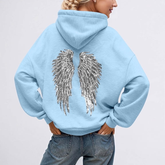 QHRMKOG Womens Hoodies Pullover Trendy Wing Graphic Hooded Sweatshirts Relaxed Fit Long Sleeve Drawstring Hoodies Winter Warm Top with Pockets Blue XL