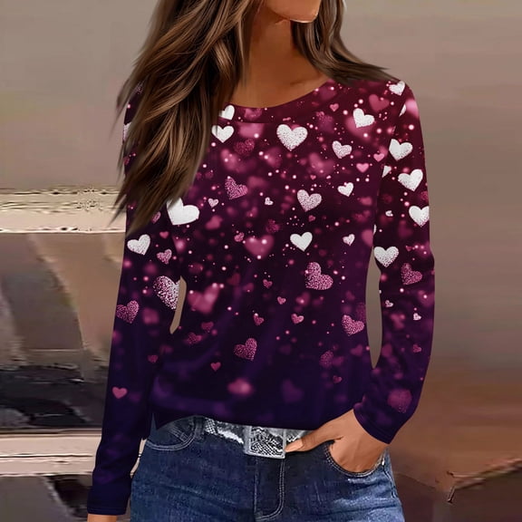 QHRMKOG Womens Long Sleeve Shirts Loose Fit Round Neck Valentine's Day Tee Romantic Love Heart Graphic Shirt Casual Festival Tops Red L