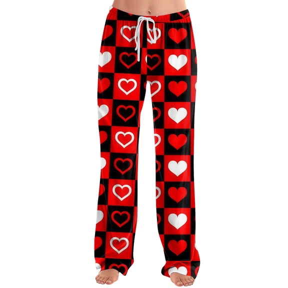 QHRMKOG Womens Pajamas Pants Loose Fit Valentines Love Heart Print Pj Pant Comfort Drawstring Elastic Waist Pajamas Pants Casual Pant with Pockets Red M