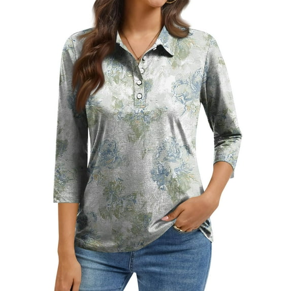 QHRMKOG Womens Polo Shirts Vintage Button Down 3/4 Length Sleeve Golf Shirt Relaxed Fit Office Collared Polo Shirt Spring Casual Tops Green M