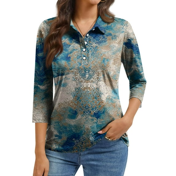 QHRMKOG Womens Polo Shirts Vintage Button Down 3/4 Length Sleeve Golf Shirts Relaxed Fit Office Collared Polo Shirt Spring Trendy Tops Blue M