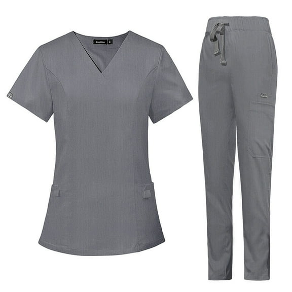 QHRMKOG Womens Scrub Sets , Casual V Neck Top & Jogger Pant with Pockets Athletic Nursing Stretch Soft Uniform Work-Appropriate Workwear Gray XS
