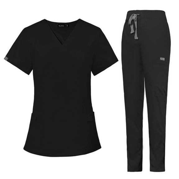 QHRMKOG Womens Scrub Sets , Comfort V Neck Top & Jogger Pant with Multi Pockets Athletic Nursing Stretch Soft Uniforms Functional Sets Black L