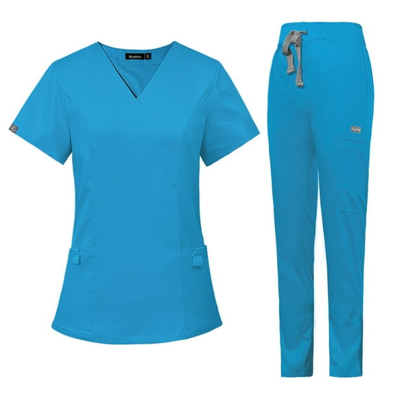 QHRMKOG Womens Scrub Sets , Modern V Neck Top & Jogger Pant with Multi Pockets Medical Nursing Stretch Soft Uniforms Work-Appropriate Sets Blue XL