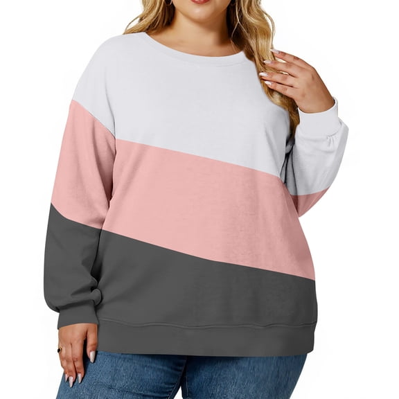 QHRMKOG Womens Sweatshirt Winter Plus Size Color Block Long Sleeve Round Neck Sweaters Casual Sweatshirt Comfort Pullover Tops （4xl-5xl） Pink 5XL