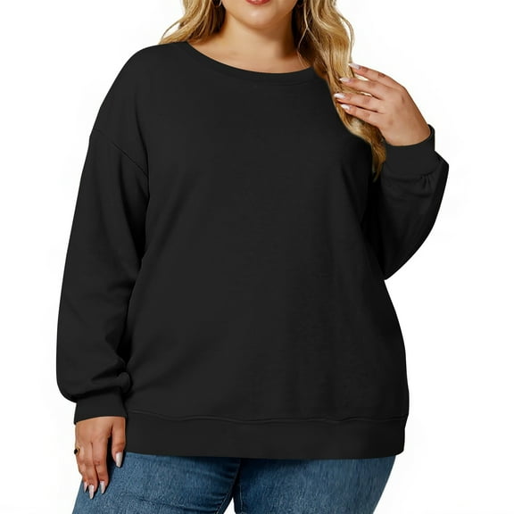 QHRMKOG Womens Sweatshirt Winter Plus Size Full Length Sleeve Crewneck Sweatshirt Fashion Solid Color Sweaters Comfort Pullover Top(4XL-5XL) Black L