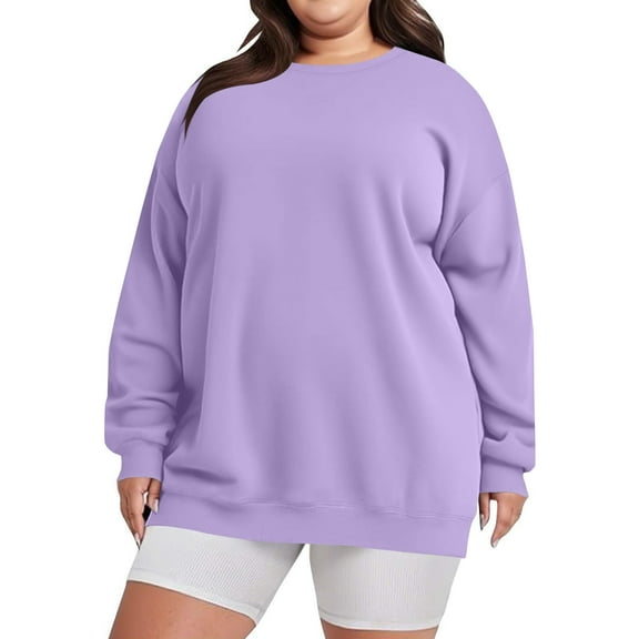 QHRMKOG Womens Sweatshirt Winter Plus Size Full Length Sleeve Round Neck Sweatshirt Casual Solid Color Sweaters Light Pullover Top(4XL-5XL) Purple 4XL