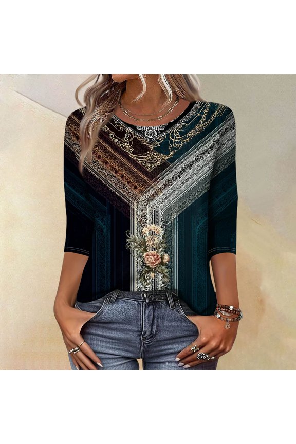 Womens Top Retro Floral Element Three Quarter Sleeve Blouse Loose Fit Crew Neck Shirt 2026 Summer Casual Tunic Tops Black 3XL