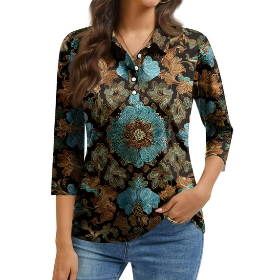 QHRMKOG Womens Tops Dressy Casual Retro Button Down 3/4 Length Sleeve Polo Shirt Relaxed Fit Bisiness Collared Golf Shirt Spring Casual Blouse Blue 2XL