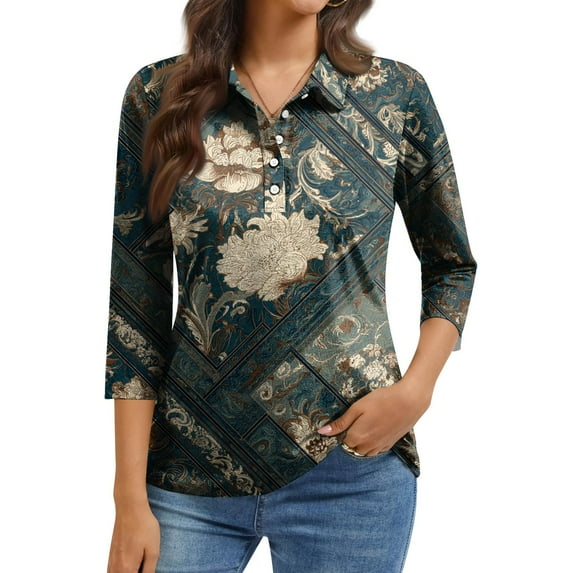 QHRMKOG Womens Tops Dressy Casual Vintage Button Down 3/4 Length Sleeve Polo Shirts Relaxed Fit Office Collared Golf Shirts Summer Fashion Tops Brown XL
