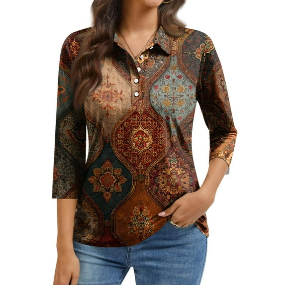 QHRMKOG Womens Tops Dressy Casual Vintage Button Down 3/4 Length Sleeve Polo Shirt Loose Fit Office Collared Golf Shirt Spring Casual Top Brown M