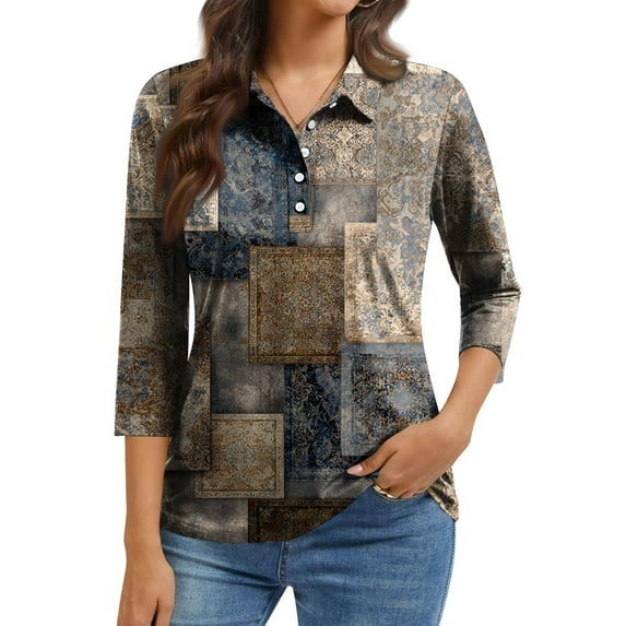 QHRMKOG Womens Tops Vintage Button Down 3/4 Length Sleeve Polo Shirt Relaxed Fit Office Collared Golf Shirt Spring Trendy Blouse Brown S