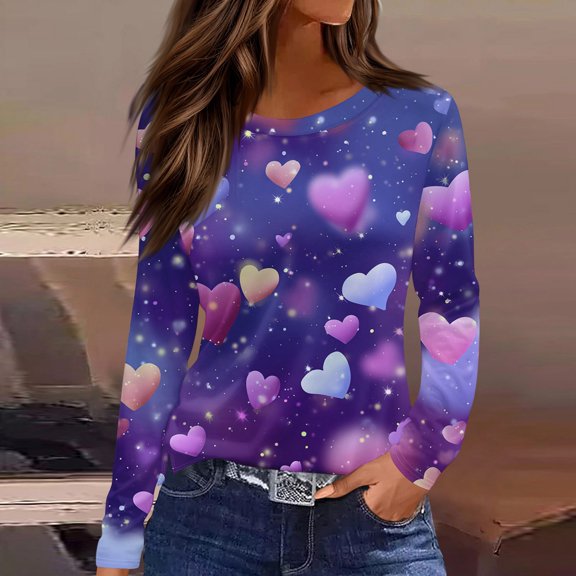 QHRMKOG Womens Valentine's Shirts Loose Fit Long Sleeve Round Neck Tee Romantic Love Heart Print Shirt Fashion Festival Top Pink L