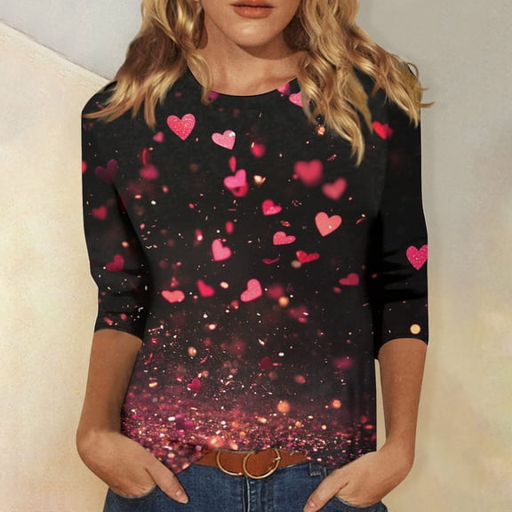 QHRMKOG Womens Valentines Day Tops Cute Heart Print Tshirts Loose Fit 3/4 Length Sleeve Round Neck Shirts Trendy Holiday Top Pink M