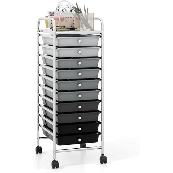 QHTER 10-Drawer Rolling Storage Cart, Utility Mobile Trolley with Removable Drawers & Universal Casters & 2 Brakes, Versatile Flexible Drawer Organizer Cart for Home, Office, Mixed Black