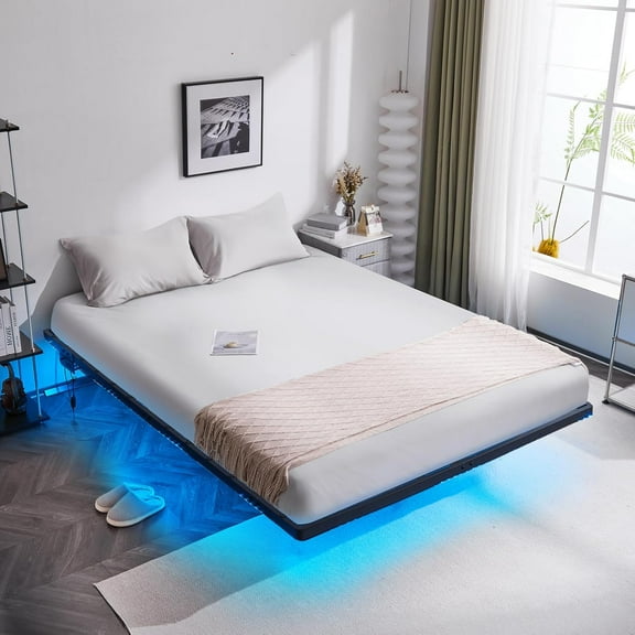 QHTER 14 Inch Floating Bed Frame Full with USB Charging Station/LED Lights, Double Platform Guest Bed, Heavy Duty Metal Bed Base, No Box Spring Needed,Black