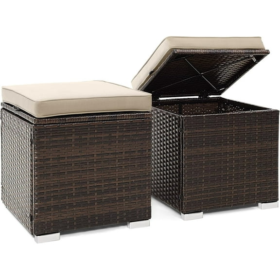 QHTER 2 Pieces Patio Ottomans, Patiojoy Hand-Woven PE Rattan Side Table with Removable Cushion & Hidden Storage Space, Multifunctional Storage Box, Seat for Patio, Backyard, Poolside (Beige)