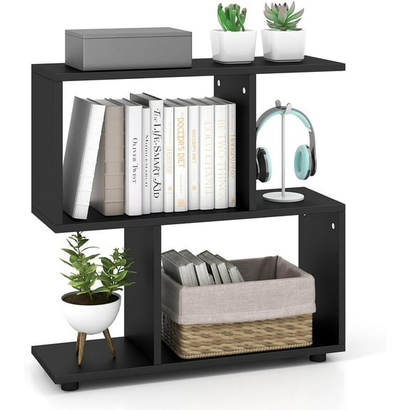 QHTER 2 Tier Geometric Bookshelf, Freestanding Wood Display Shelf, Home Office Room Divider S Shaped Open Bookcase, Small Bookshelf for Small Spaces, Living Room, Study (Black, 1)