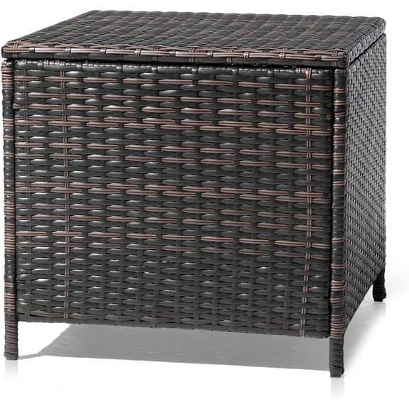 QHTER 27 Gallon Outdoor Deck Box, Wicker Outdoor Storage Box with Lid, Small Storage Bin Container for Outside and Patio, Patio Rattan Side Table for Yard Porch (Brown, Square)