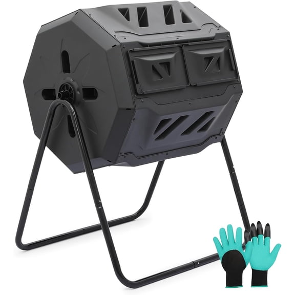 QHTER 43 Gallon Compost Tumbler, Outdoor BPA Free Large Dual Chamber Tumbling Compost Bin All-Season Fast Working Tumbling Composter, High Volume Composter with 2 Sliding Doors