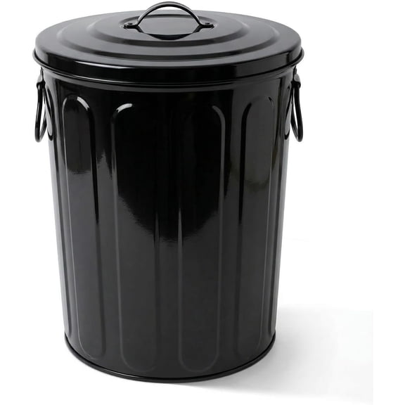 QHTER 5 Gallon Small Metal Trash Can with Lid Outdoor Galvanized Steel Bucket with Lid 5 Gal Storage Can for Dog Food Bird Seed Storage Container Rodent Pet Proof, Black