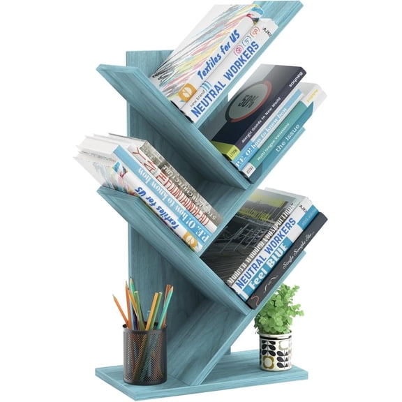 QHTER 5 Tier Tree Book Shelf, Small Desktop Bookshelf with Storage Organizer, Wood Bookcase, Desk Display Bookshelves, Floor Standing Organizer Bookcases for Living Room,Bedroom,Office-Blue