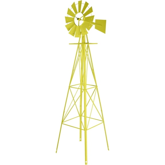 QHTER 8FT Ornamental Windmill Backyard Garden Decoration Weather Vane, Heavy Duty Metal Wind Mill w/ 4 Legs Design,Yellow