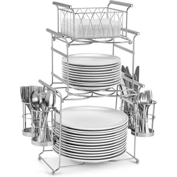 QHTER Buffet Caddy 7-Piece Stackable Set Includes Plate, Napkin, and Silverware Holder, 3-Tier Detachable Tabletop Organizer Ideal for Kitchen, Dining, Entertaining, Parties, Thanksgiving (Silver)