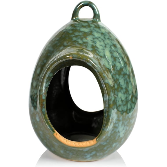 QHTER Egg Fly Through Bird Feeder for Outside, Easy to Refill, High Fired Porcelain Stoneware with Glossy Glaze, 2lbs, Mottled Green, 8x6x7