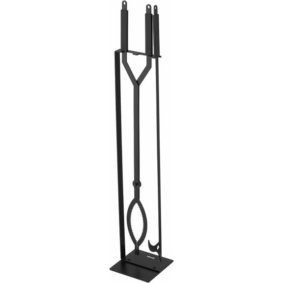 QHTER Fireplace Tool Set, 3 PCS Fire Tool Set and Holder with Stand, Tongs, Fire Place Poker, Wrought Iron Fireplace Accessories for Campfire Backyard Bonfire Indoor/Outdoor, Black