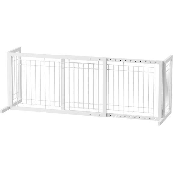 QHTER Free Standing Dog Gate, 37" - 68" Wide Pet Gate for Fireplace Stairs Doorways, Metal Adjustable Pet Fence Indoor, Christmas Tree Gate (Metal-White)