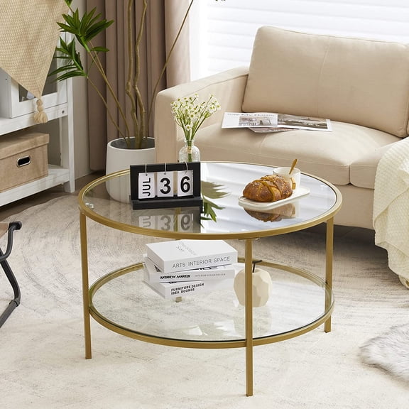 QHTER Glass Coffee Table, 30" Round Champagne Gold Coffee Tables for Living Room,2-Tier Glass Top Coffee Table with Storage Clear Coffee Table,Simple & Modern Center Table Mesa de Centro para Sala