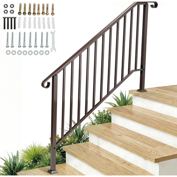 QHTER Handrails for Outdoor Steps, Wrought Iron Handrail Fits 4 or 5 Steps, Transitional Handrail with Installation Kit & Waterproof Cover, Stair Railing for Concrete Steps or Wooden Stairs(Brown)