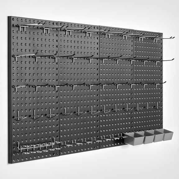 QHTER Metal Pegboard Panels, 24" x 12" Pegboard, 4 Panels, Heavy Duty Peg Board Wall Organizer with Accessories, for Living Room Garage Tool Storage Office Organization Craft Room Kitchen Home, Black